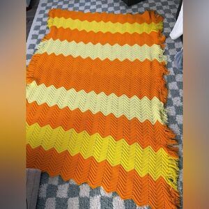 VTG Crochet Afghan Chevron Handmade Sunshine Retro Boho Fringe Orange Yellow L
